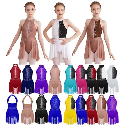 Kid Girls Mock Neck Lyrical Dance Dress Ballet Leotard Skirted Modren Costume • £13.64