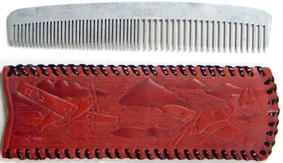 VTG ATQ 1940s METAL COMB W/ AIRCRAFT PATTERN LEATHER CASE HAND MADE HONG IN KONG • $11.05