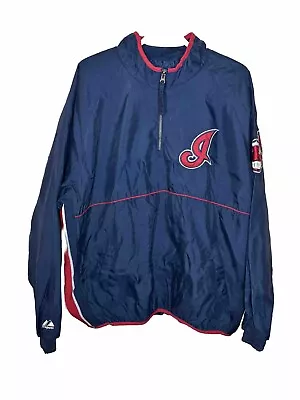 Vintage Majestic Cleveland Indians MLB Nylon Jacket 1/4 Zip Blue Windbreaker LG • $30