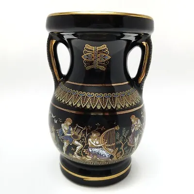 Vintage Greek Vase Urn Wine Pitcher Black Real 24 Karat Gold Hand Made Greece  • $44.99