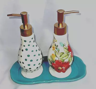 The Pioneer Woman Vintage Floral Soap Lotion Dispenser Teal Tray Stoneware Bath • $45