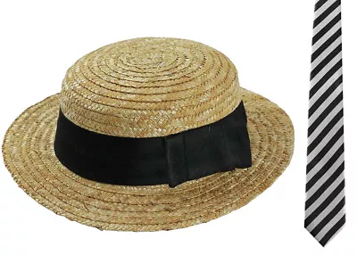 £6.99 • Buy Straw Boater Hat Tie Adults School Girl Boy St Trinians Fancy Dress Costume 
