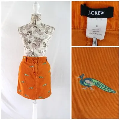 J. Crew Corduroy Critter Skirt Peacock Embroidery Orange Size 6 • $29