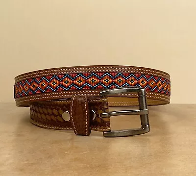 Full Grain Leather Hand Tooled Western Belt Cowboy Rodeo Beaded Removable Buckle • $44.99