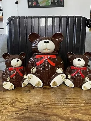 Vintage OTAGIRI Teddy Bear Cookie Jar Piggy Bank Set 1979 Rare Japan  (3 Pieces) • $63.75