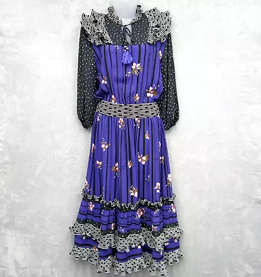 Vintage Diane Freis Purple Floral Polka Dot Georgette Dress High Neck Ruffles M • $125