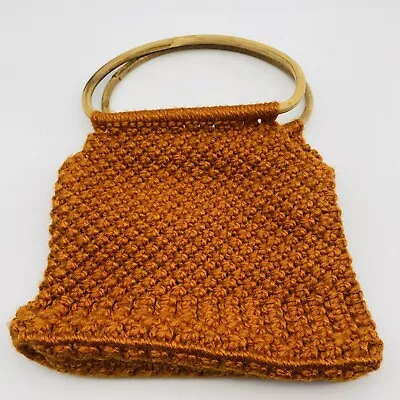 Vintage 1970s Macrame Croche Orange Bag Purse Wooden Handle • $21.21