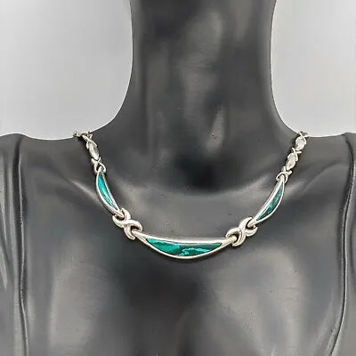 Sterling Silver Green Malachite Inlay Mexico 925 Hugs & Kisses 17  Necklace 29gr • $99.99