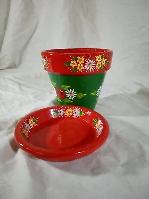 £8.50 • Buy Green/Red Terracotta Pot And Plate Roses And Castles Hand Painted Barge Ware #02