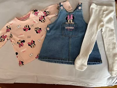 Baby Girls 0-3 Months Disney Minnie Mouse Pinafore Dress Top And Tights Outfit • $3.73