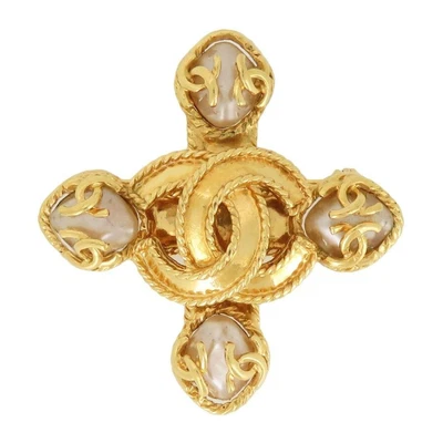 $1650.99 • Buy CHANEL Brooch AUTH Coco Logo Rare Vintage Pin CC GP Gold Flower Fake Pearl F/S