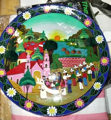 Vintage Clay Plate Mexico Folk Art Festival Colorful  • $25