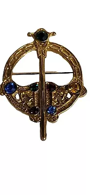 Vintage Celtic Sword Shield Brooch Pin   W/  RHINESTONES Goldtone • $22