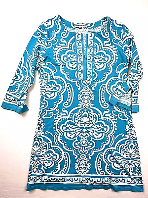 Barbara Gerwit Long Sleeve Pattern V Neck Womens Dress (size L) Blue • $21.99