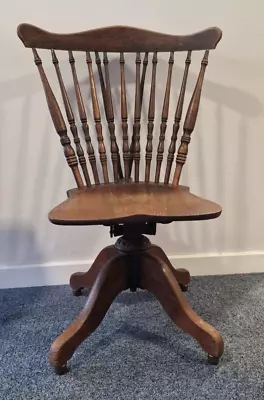 Oak Chair Swivel Tilt Antique Fiddleback Banker's Office Captain's Desk Casters • £180