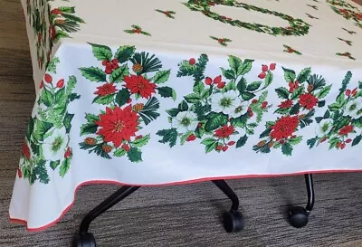 Vintage Christmas Tablecloth Poinsettia 55 X66” See Blemishes Made In Turkey • $21.25