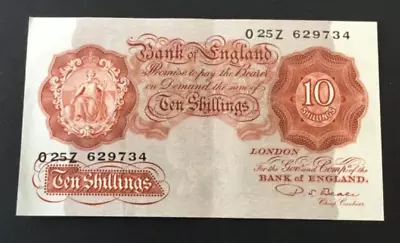 Banknote Of England Ten Shillings. PS. Beale. O25Z. Almost Uncirculated Cond. • £0.99