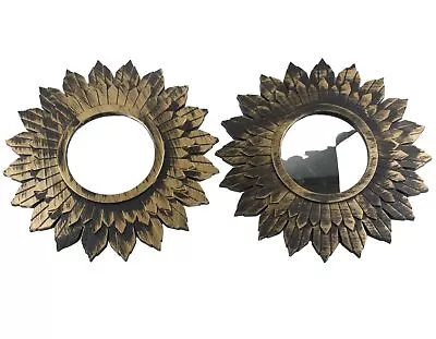 Mini Accent Mirror Distressed Gold Flower Sun Sunburst Hanging Wall Decor Set 2 • $13.95