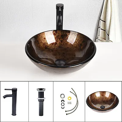 £67.99 • Buy Bathroom Countertop Basin Sink Tempered Glass Wash Bowl Set W/ Tap Pop-up Waste