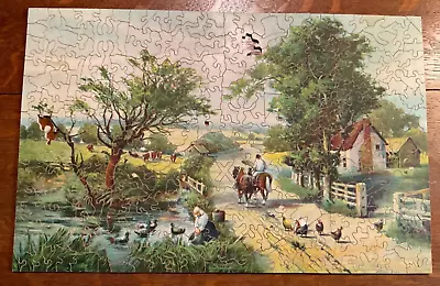 Vtg Hand Cut Wooden Jigsaw Puzzle - The Day Is Done - Farm Scene - 20” X 13” • $124.99