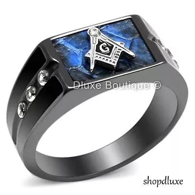 Men's Blue Agate Cz Stainless Steel Masonic Lodge Freemason Ring Size 8-14 • $16.99