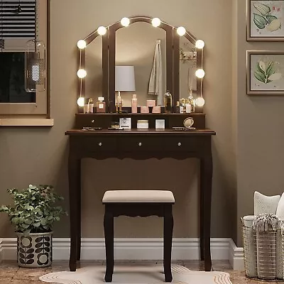Makeup Vanity Set With Lighted Mirror&Stool 5 Drawers Dressing Table Vanity Desk • $139.97