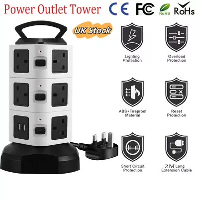 Smart Tower Vertical Power Strip Extension Lead Sockets 2 USB 11Ways Plug UK • £22.99