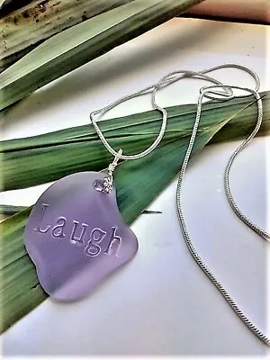 Engraved Inspirational  LAUGH  Purple Sea Glass Pendant Snake Chain Necklace • $13.99