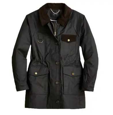 J Crew Field Jacket Womens Small Black Utility Waxed Cotton Corduroy Trim Ladies • $78