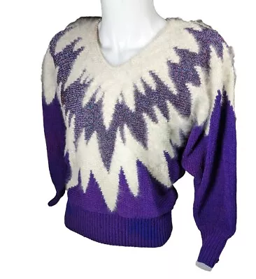 Vtg S Christine Angora/Rabbit Holiday Embellished Sweater 80s Ice Skating Purple • $24.95