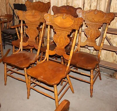 SET OF 5 Old Antique QUEEN VICTORIA 1837-1901 PRESSED BACK Oak Dining CHAIRS • $295