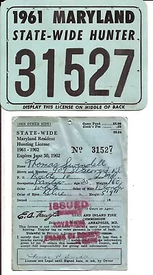 1961 Maryland State Wide Hunter License Hunting MD • $12