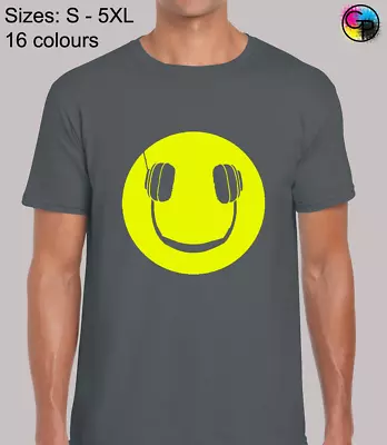 £7.99 • Buy Smile Headphones Mens T Shirt Funny Dj Vinyl Record Music Acid House Rave Scene