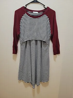 Ekouaer Maternity Nightgown Maroon Black Stripes Nursing-Friendly Size Large • $9.88