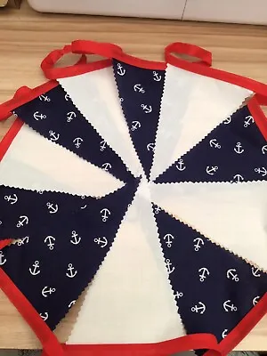 Handmade 11 Flag Shabby Chic Fabric Bunting Anchor Design & White - Approx 2.5m • £5.09