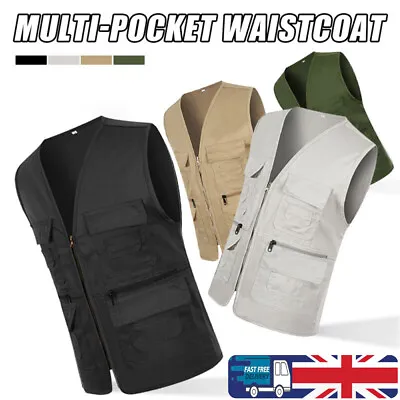 Mens Multi Pocket Vest Hunting Fishing Waistcoat Safari BodyWarmer Gilet Jacket • £7.59