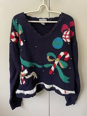 Spice Of Life Vintage Sweater Jumper Top Size S 8-10 Christmas Green Gold Fault • $14.88