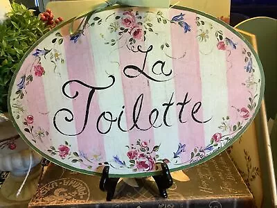 “LA TOILETTE”~Oval Plaque/Sign~Wood~w/Ribbon~French/Cottage~Florals/Stripes~NICE • $34.99