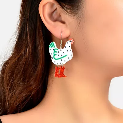 $3.99 • Buy Cute Design Hen With Boot Dangle Lightweight Acrylic Chicken Earrings Party Gift