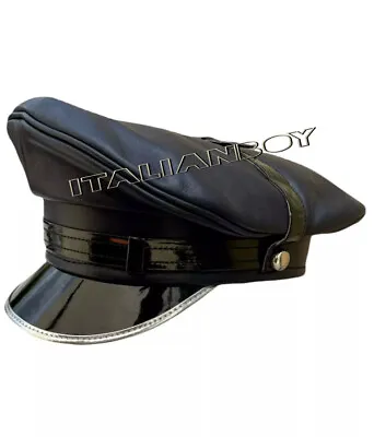 Navy Blue  Leather  With Silver Trim Peak GaypoliceMuirBikerMilitary Cap  • £34.99