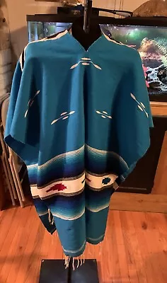MEXICAN PANCHO - Turquoise Blue White & Red ~ One Size Fits All • $20