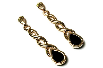 9ct Gold Black Onyx Earrings Celtic Drop Gift Boxed Made In UK • £111.99