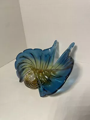 VINTAGE MURANO HEAVY GLASS SPLIT FLOWER BLUE/YELLOW ASHTRAY Or BOWL • $75