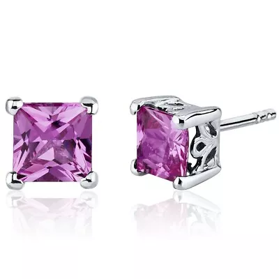 3 CT Princess Lab-Created Pink Sapphire Sterling Silver Stud Earrings • $45.99
