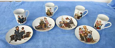 Vintage 1982 Set Of 4 Norman Rockwell Small Dessert Plates And Cups Gold Trim • $10