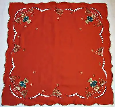 Vintage Christmas Teddy Bear Skiers Cut Embroidery Burgundy 34  Tablecloth • $15.50