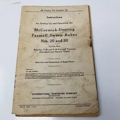 McCormick Deering Farmall Sweep Rakes 20 30 Instructions 1939 Repair Parts • $19.95