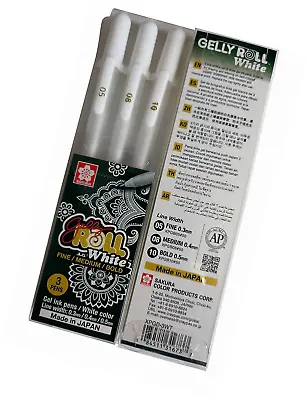 3 X Sakura Gelly Roll White Gel Pen Medium (0.5mm 0.8mm 1.0mm) - Set Of 3 Pen • £4.84