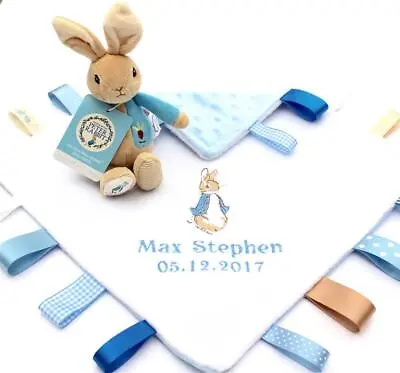 Personalised Peter Rabbit Comfort Blanket Soft Rattle Matching Taggy Baby Gift! • £9.99