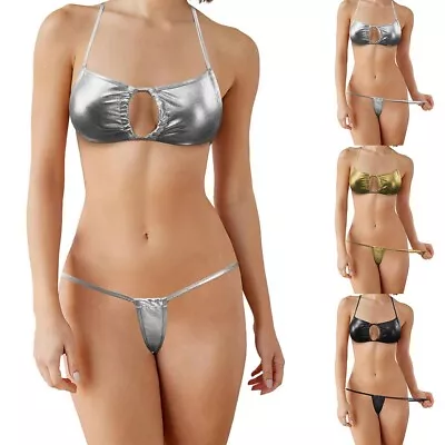 Shiny Pu Leather Bikini Set For Women Bra Top And G String Thong Swimwear • £4.50